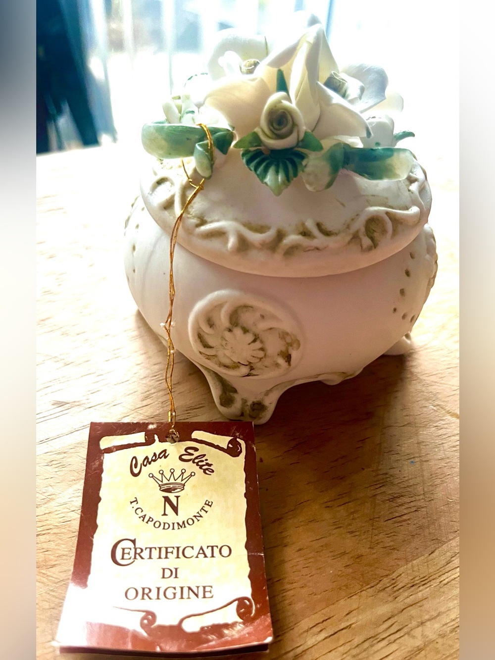 Vintage Casa Elite Capodimonte Porcelain Floral Trinket Box with Certificate